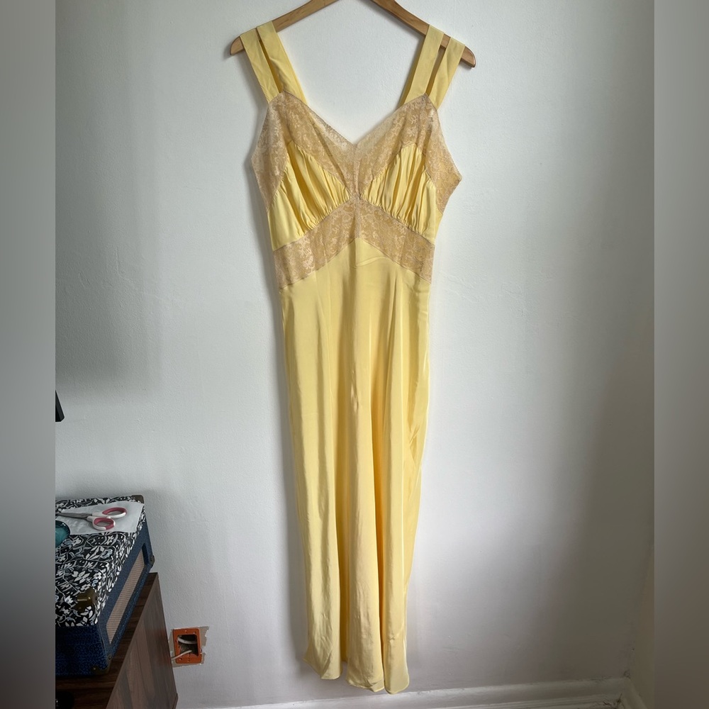 Vintage Yellow Lace Nightgown Lingerie Slip Dress